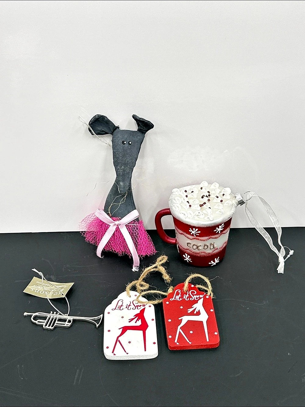 Mixed Lot Christmas Ornaments – Hot Cocoa Mug, Dog in Pink Tutu, Trumpet & Let I